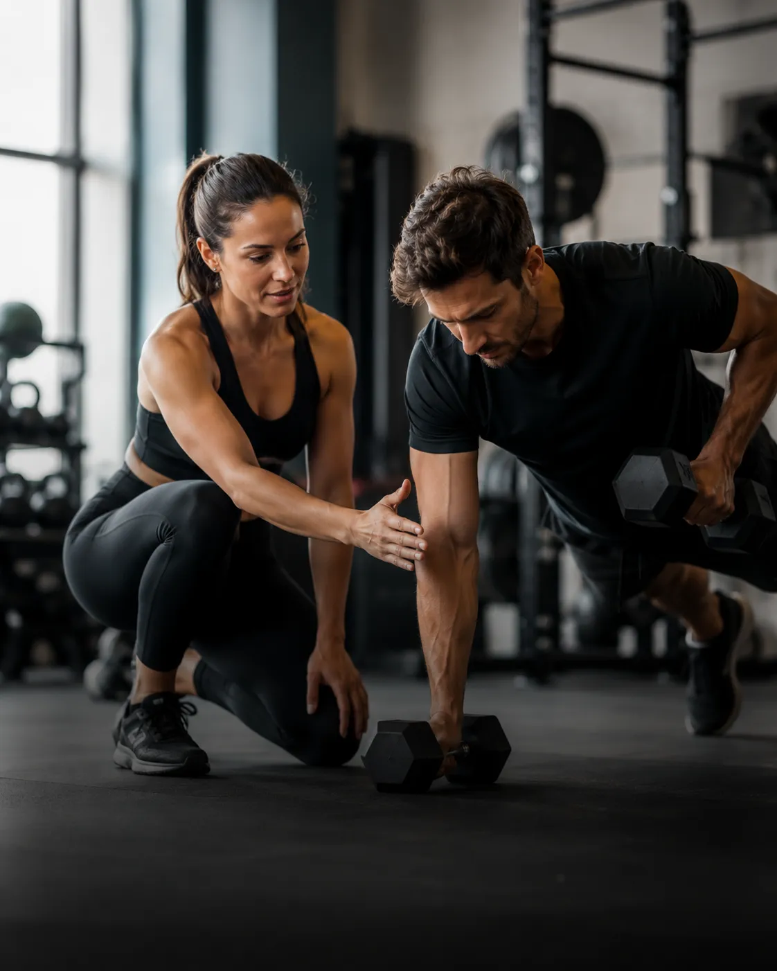 Personal trainer coaching in a gym